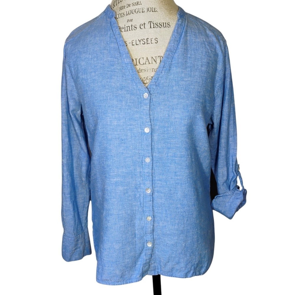 MARFINNO Linen Roll Tab Top Womens G Large‎ Blue Button Down Minimalist Coastal